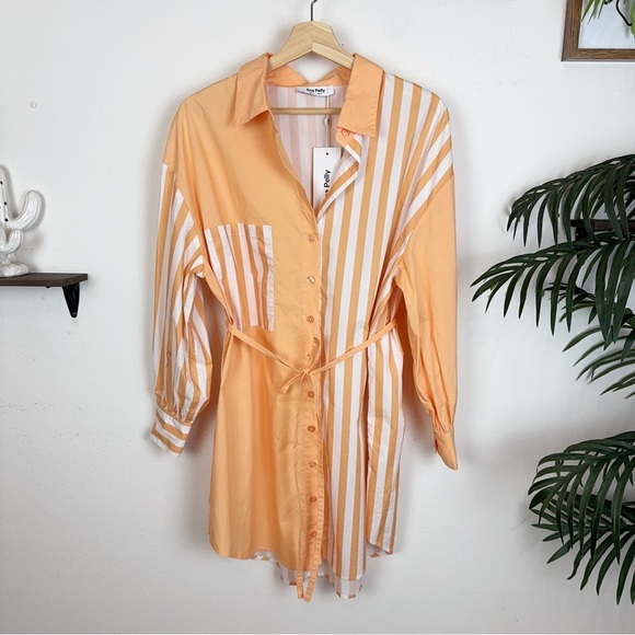 Revolve Ena Pelly Bree Cotton Oversize Shirt Mini Dress with Tie - Melon Stripe - Picture 5 of 7